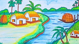 দৃশ্য অঙ্কন || How to draw Village Scenery || Easy Scenery Drawing Tutorials || manzara çizimi