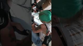 Girl on Roller Skates drops into halfpipe and lands on wrist