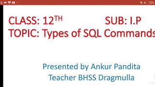 Topic: Types of SQL Commands Class:12th I.P Dated:16-06-2020