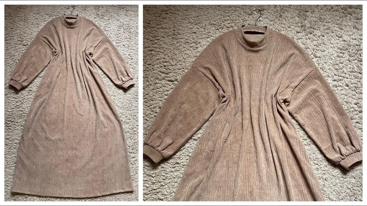 طريقة تفصيل وخياطة فستان للمحجبات بقماش شتوي مطاطي قياس L خطوة بخطوة للمبتدئين