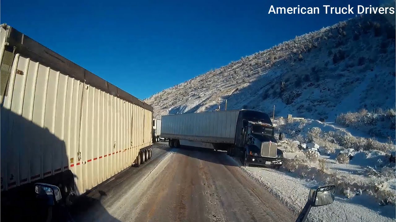 Skilled driver dodges 3 big rigs sliding on ice - YouTube
