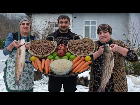 Холодные зимние дни в деревне! Приготовление рыбы с овощами и орехами | Сельская семейная жизнь