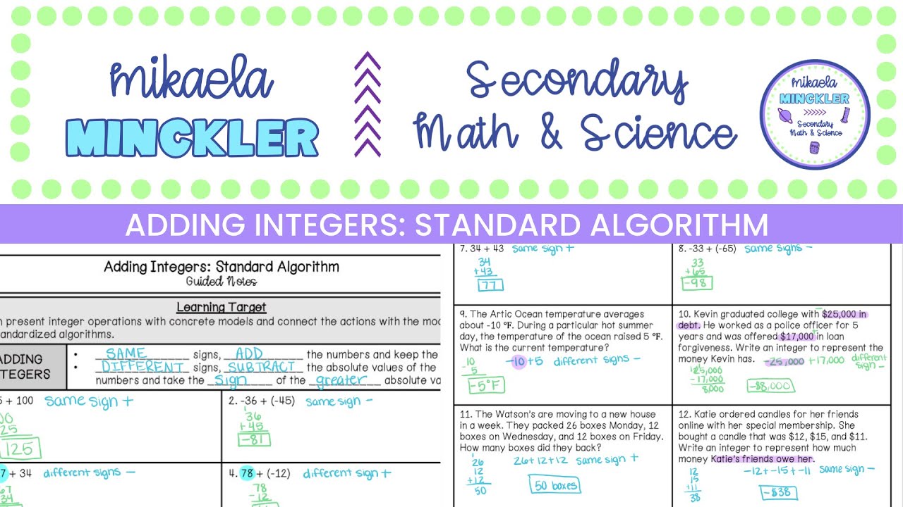 Adding Integers Standard Algorithm Guided Notes Lesson | 6th Grade Math ...