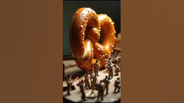 A diorama of a giant pretzel being polished by tiny workers #miniature