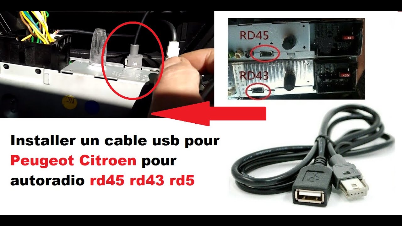 Cable USB pour Autoradio Peugeot Citroen RD45 RD43 et RD9
