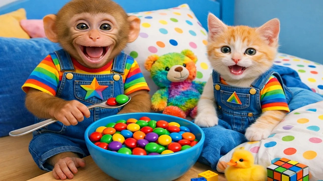 Bebé Dudu disfruta caramelos coloridos con su amigo en casa feliz | MONO DUDU ESP