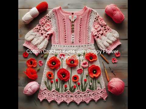 Crochet Poppy Flowers on Cotton Crochet Kurta Dress, Koti Vest and Cardigan #crochetideas
