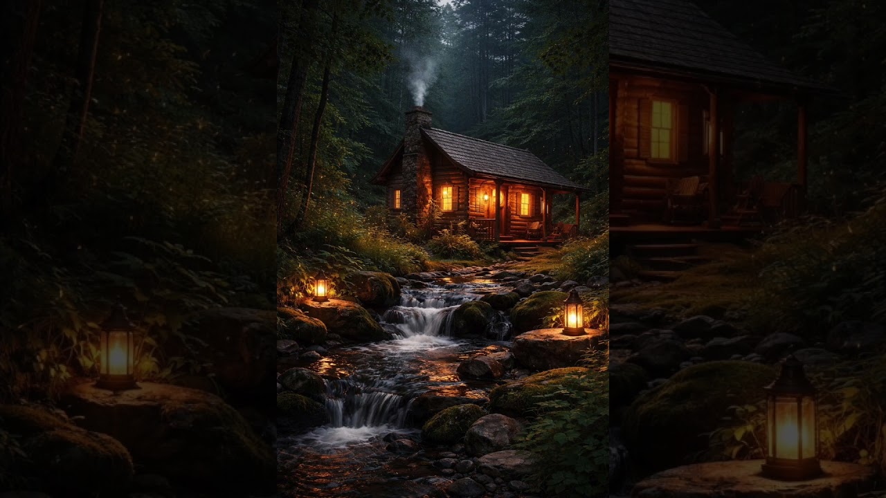Cozy Forest Cabin by a Creek | Peaceful Night Nature Sounds