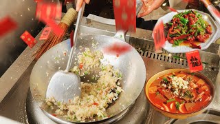 Amazing！delicious Fried rice. Street fried meat. Hairy blood.Chinese food cooking.