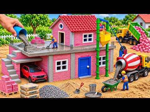 DIY Mini Tractor Builds Pink Brick House with Metal Mixer | Construction Science Project