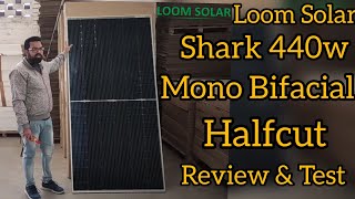Loom Solar Shark 440W/24V Bifacial Halfcut mono Perc solar panel review and Test in warehouse.