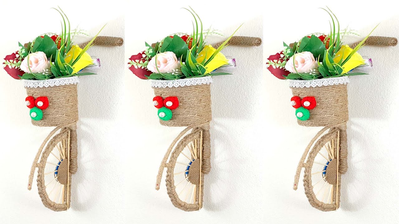 Home decor Jute craft idea Cycle Flower Vase Showpiece Making with