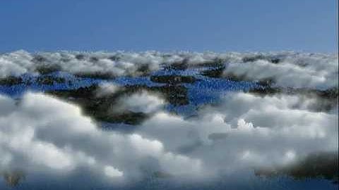 Raytraced voxel clouds, heightmap terrain and vector field sea waves.