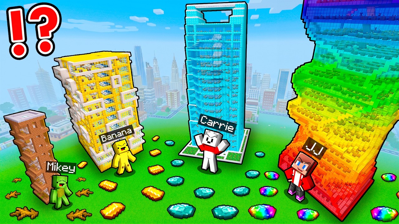 JJ and Mikey: From TINY to GIANT SKYSCRAPER Battle in Minecraft - Maizen