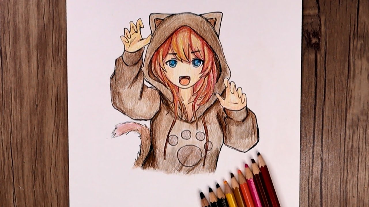 How to Draw a Anime Girl with Cat Hoodie  Step by Step Easy Drawing Guides   Drawing Howtos