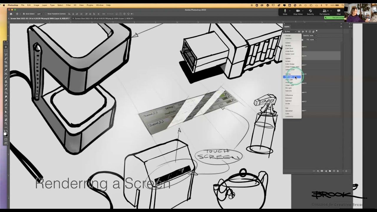 VisCom III  01 25 22 Drawing Over Student Work -  Basic Photoshop Tools - Black and White Rendering