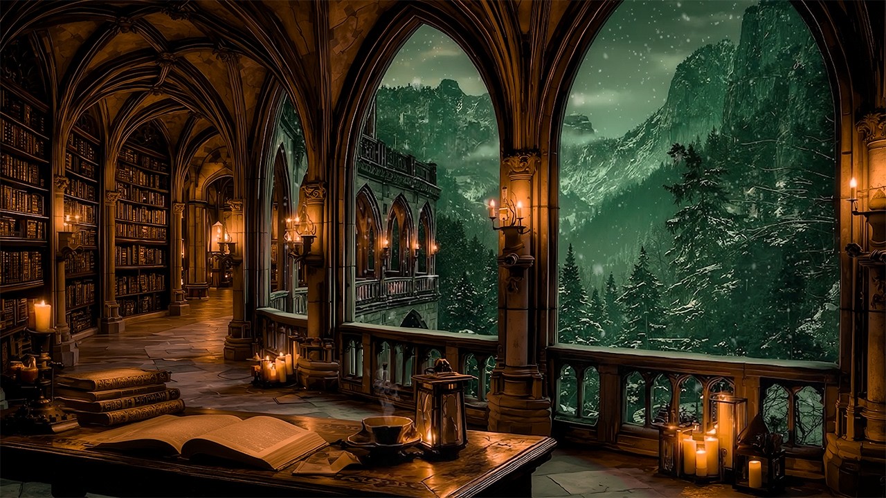 Ancient Gothic Library Corridor on a Cold Winter Night | Haunting Piano & VIolin | Dark Academia
