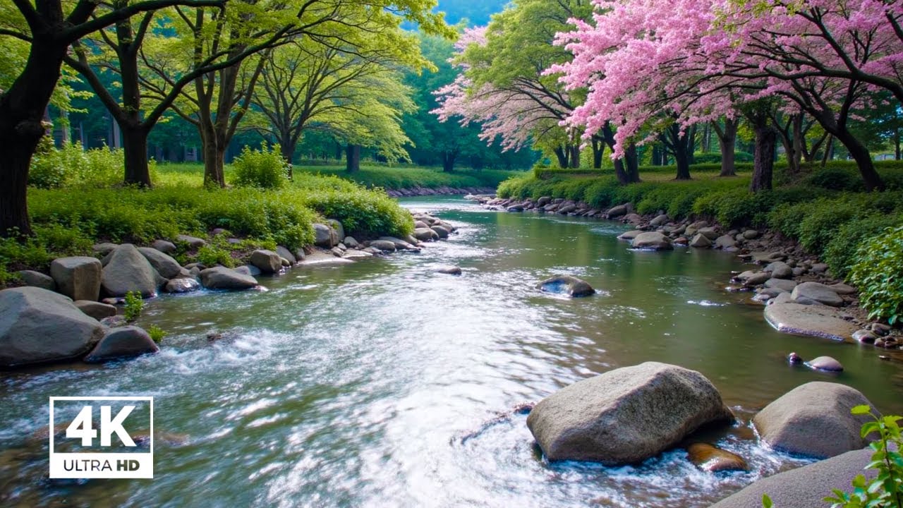 Blooming Peach Blossoms by the River 🌸 | Gentle Stream Sounds & Birds Singing | Calm Relaxation