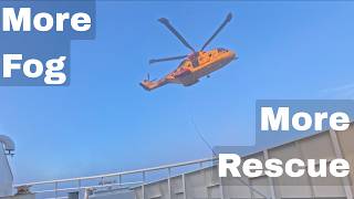 Rescue at sea of an injured fishing crew member in heavy fog by a CH149 Cormorant Helicopter.
