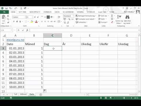Excel på norsk: Serier Dato Maned Dag Ar Ukedag Ukenr Navn pa ukedag