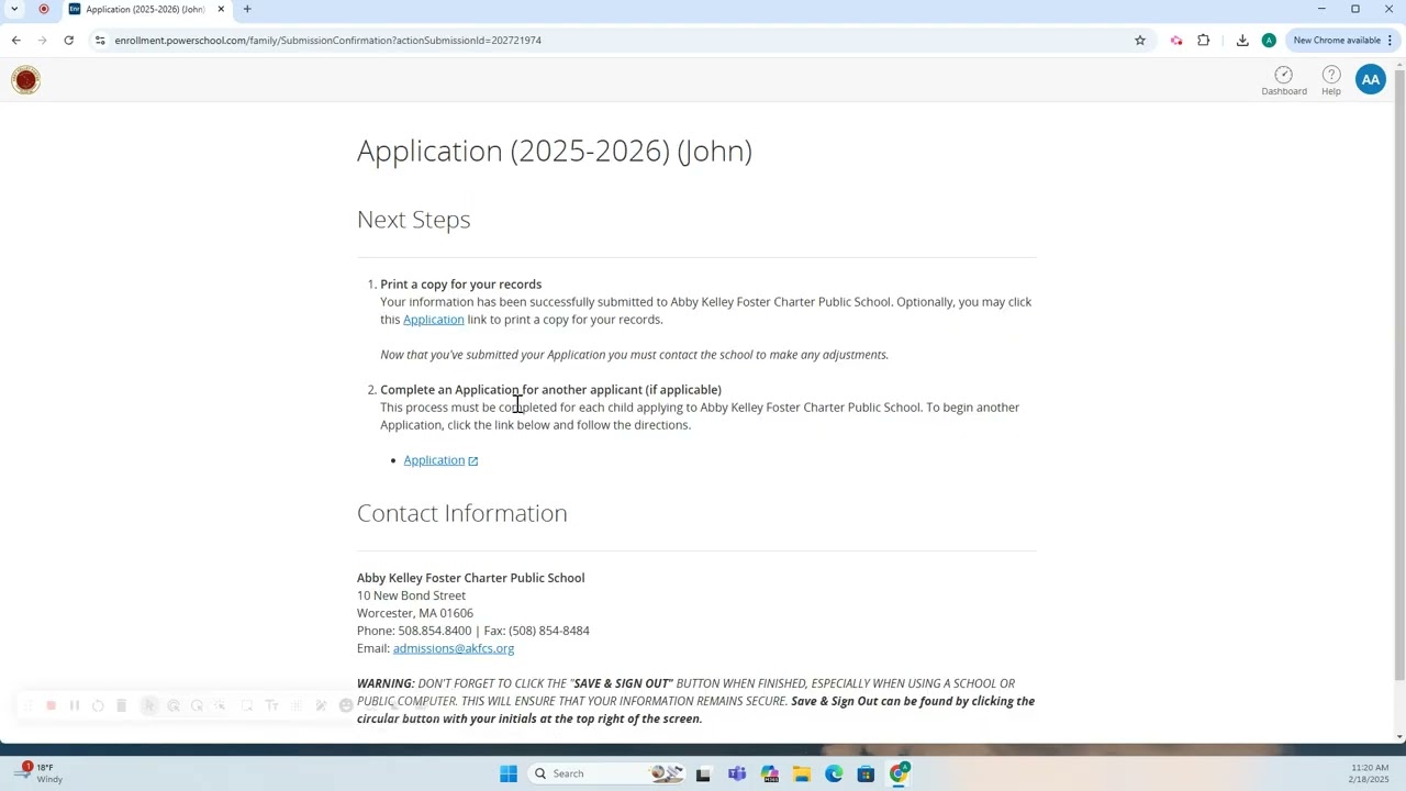 Confirming Application Information