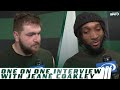 Josh Myers and Isaiah Williams speak with Jeane Coakley after Jets' loss vs. Dolphins