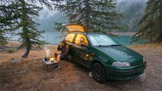 Rainy Car Camping by a Mountain Lake | Cooking Salmon in My Fiat Punto