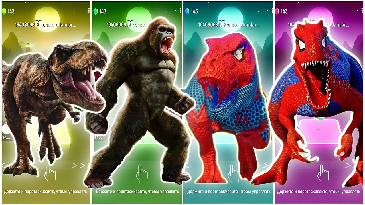 Jurassic World T-rex 🆚 King Kong 🆚 Spider T-rex 🆚Indominus Rex  Dance Song TilesHop EDM Rush