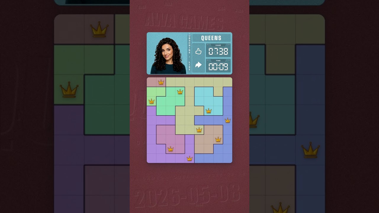 LinkedIn Queens #738 solved board for May 8, 2026, 9x9 grid