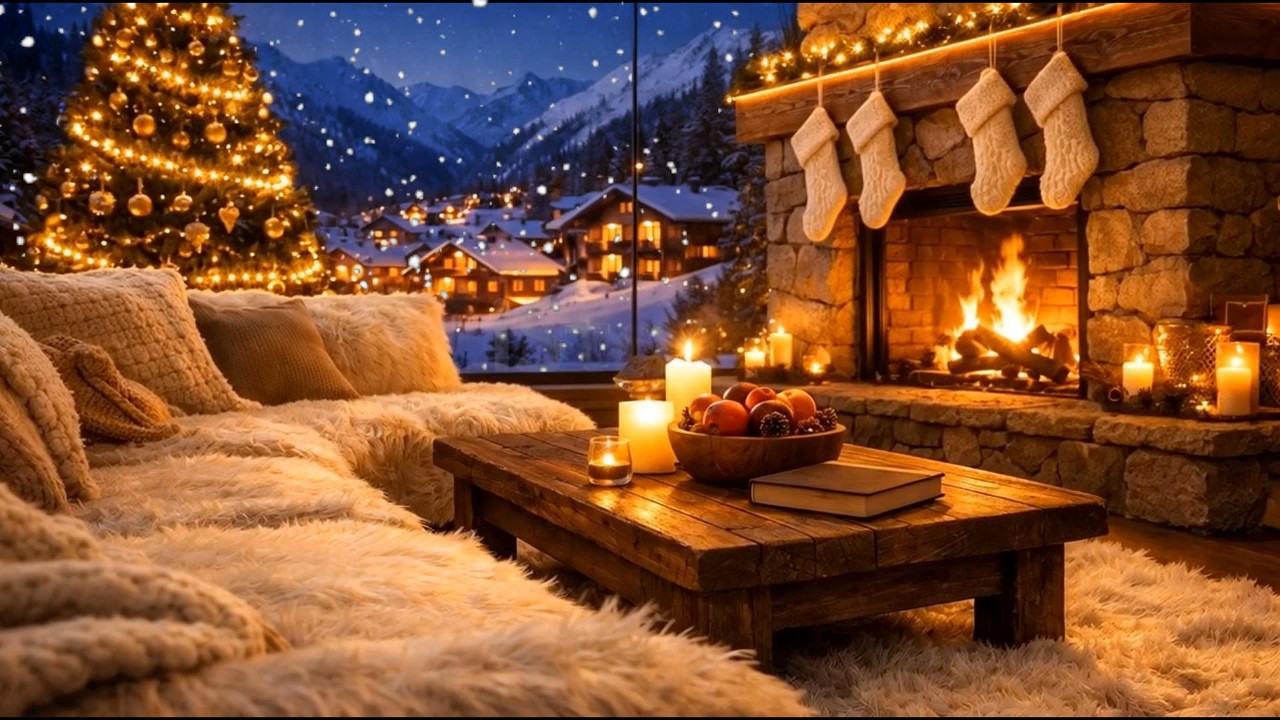 ❄️🎧 Snowfall Lounge Ambience | Cozy Fire & Soft Piano | Relaxing Winter Music for Study
