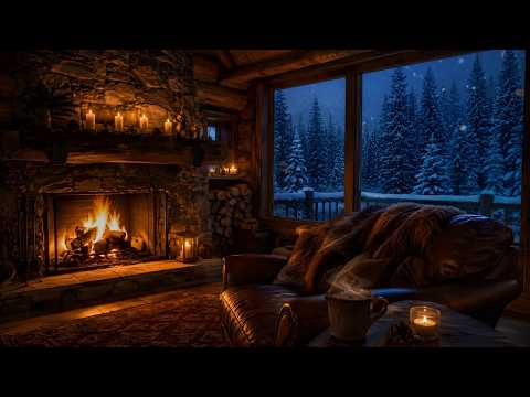 Relaxing Winter Cabin: Fireplace & Snowfall for Peaceful Moments