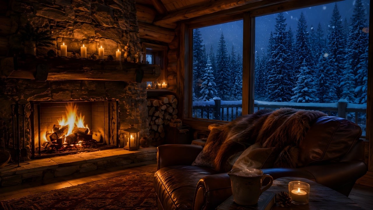 Relaxing Winter Cabin: Fireplace & Snowfall for Peaceful Moments