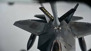 KC-135 Stratotanker refuels F-22 Raptors during Operation NOBLE DEFENDER