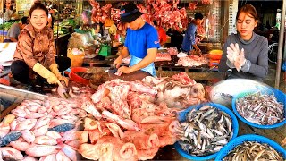 กิจกรรมมหัศจรรย์การตัดหมูและปลาที่ตลาดชบาอัมพอฟ ปลา หมู l ตลาดปลากัมพูชา