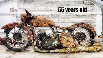 Restoration Abandoned Old Motorcycle JAWA from 1960s - two stroke engine