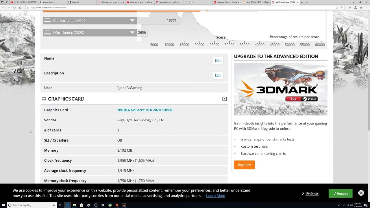 3DMark Fire Strike Benchmark I7 10700, RTX 2070 Super