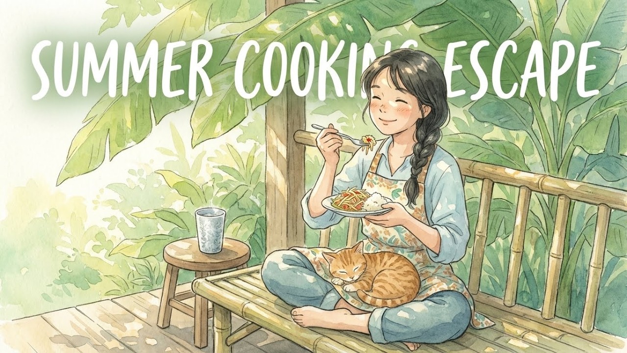 Making Green Papaya Salad (Som Tum) in a Thai Summer Kitchen 🌿  Ghibli style video ASMR