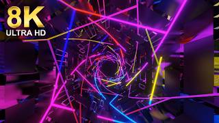 8K Futuristic neon light tunnel with red and blue glowing lights, abstract cyber space background