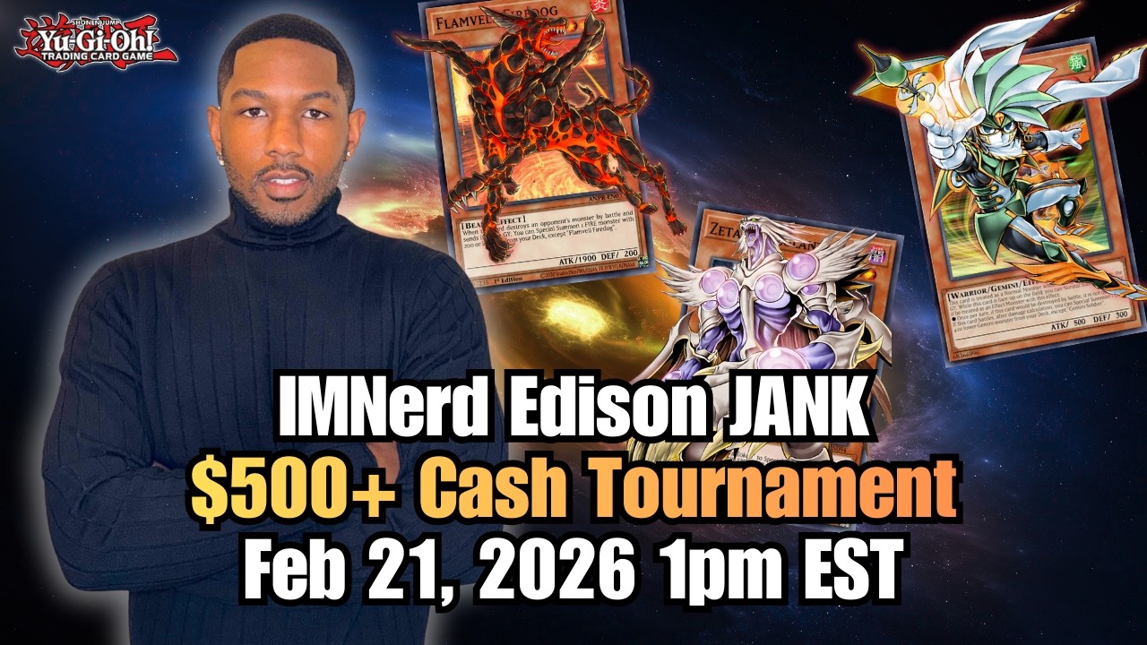 Объявление о турнире Yu-Gi-Oh! Edison JANK с бай-ином 500 долларов.