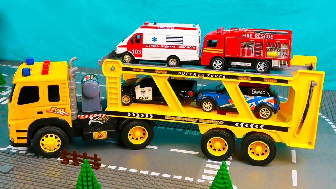 Автовоз спешит в мастерскую с машинками: пожарная, скорая помощь! 🚒🚑🚜