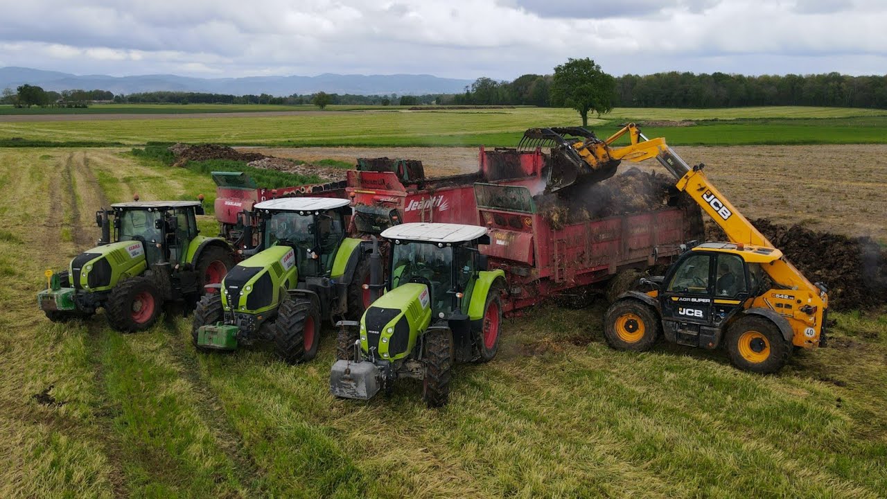 TRIPLE DE CLAAS AUX EPENDAGES DE FUMIER 2K24 // 3X CLAAS & JCB //