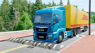 Double Flatbed Trailer Truck vs Tractor Speedbumps Train vs Cars Beamng.Drive 2022