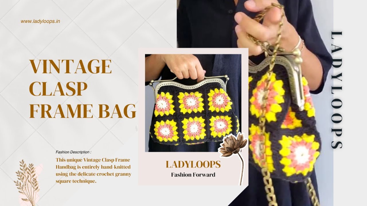 Vintage Clasp Frame Bag, Crochet Sunflower Granny Square Handbag, Handmade Women's Purse