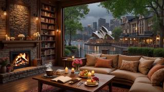 Relaxing Rainy Café Ambience By Sydney Opera House 🌧️ Soft Jazz & Fire Crackles For Productivity screenshot 4