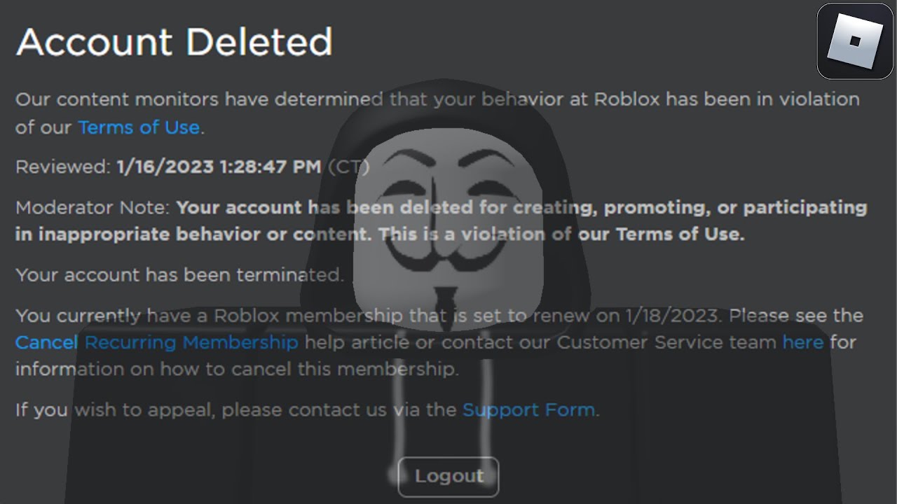 Account moderation, Roblox Wiki