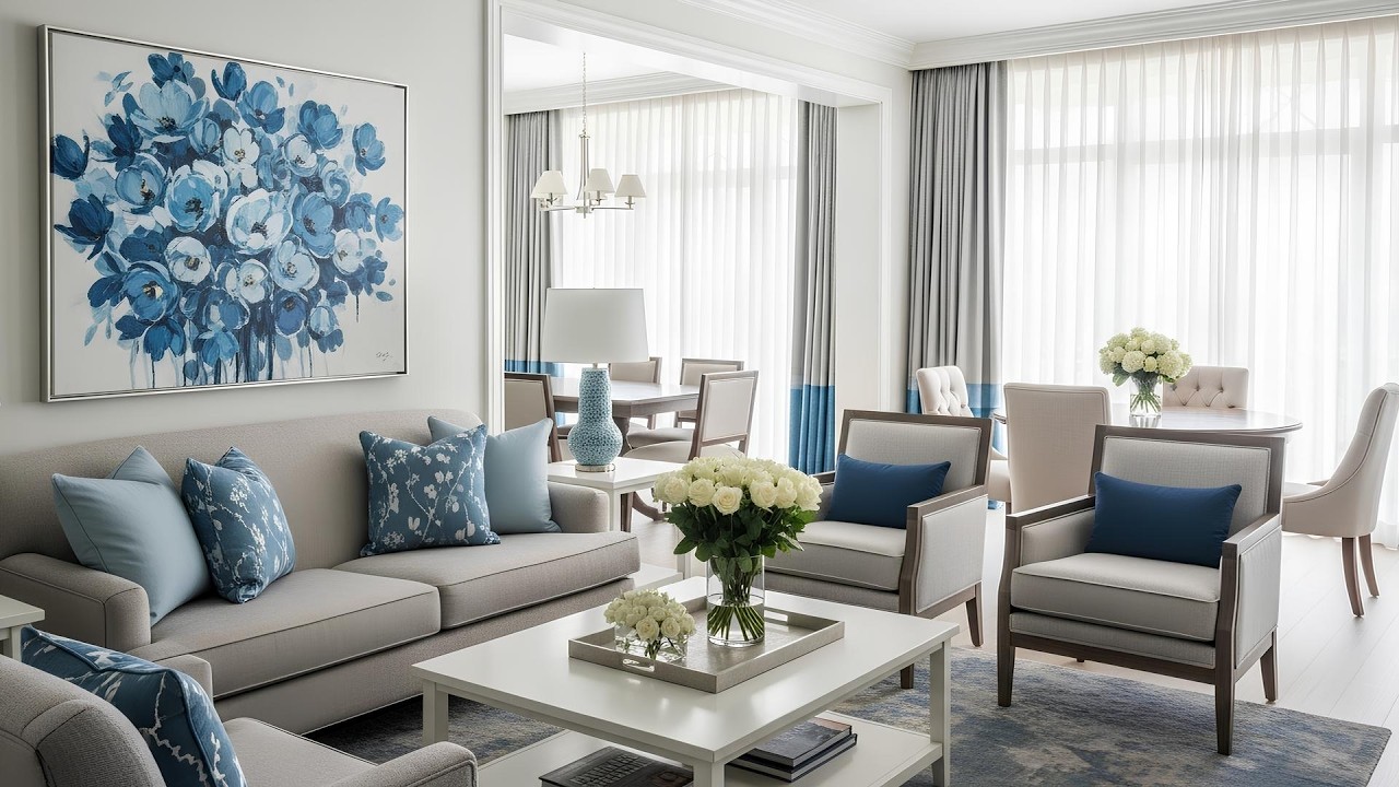 Bright Modern Living Room Interior With Blue Accents Sofa Armchairs Coffee Table and Floral Artwork