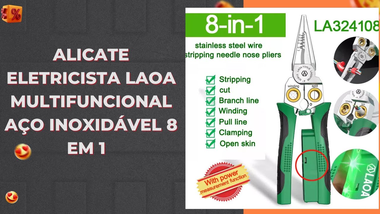 Alicate Eletricista LAOA Multifuncional Aço Inoxidável 8 Em 1 Com Ferramentas Manuais e Descascador✨
