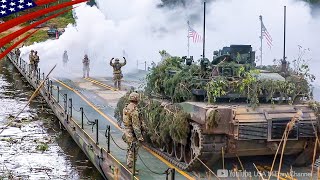 Polish M1A2 Abrams Tanks Across River On Us Pontoon Bridge