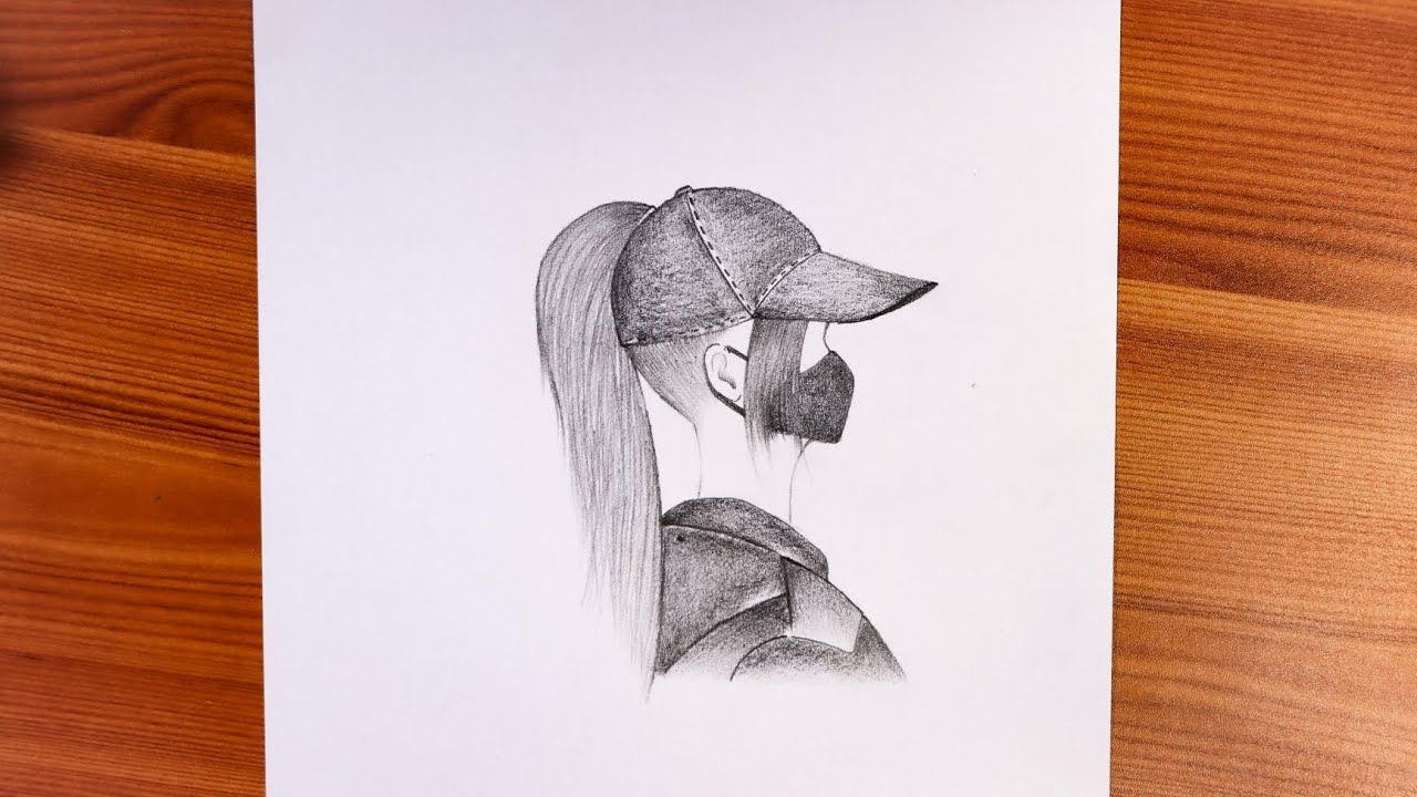 girl with mask and cap easy pencil drawing tutorial for beginners - YouTube