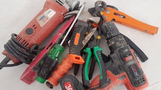 Engineering Tools Collection, Drill, Grinder, Hammer, Screwdriver, Pliers, Wrench, Cutting Pliers.